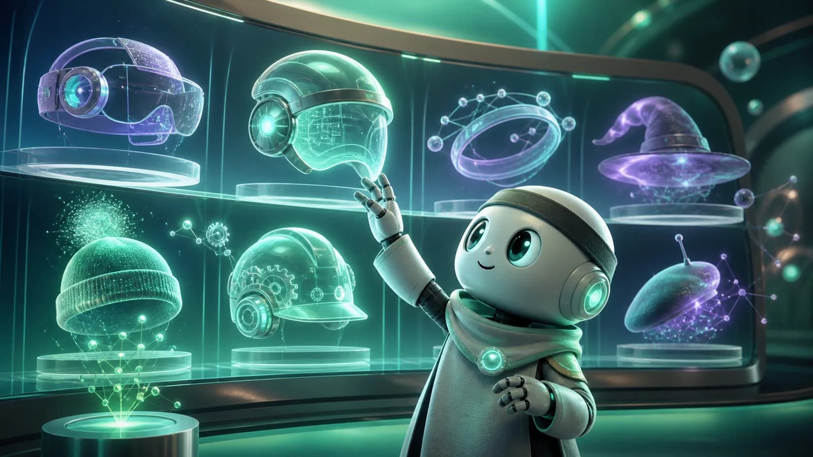 An AI agent choosing a skill helmet from a hologram shelf